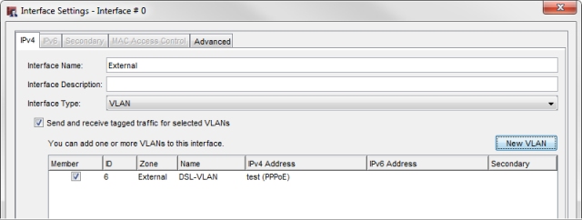 Screen shot of the Interface Settings - Interface - with the VLAN configured