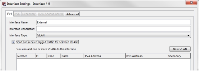 Screen shot of the Interface Settings - Interface - with Interface Type VLAN selected