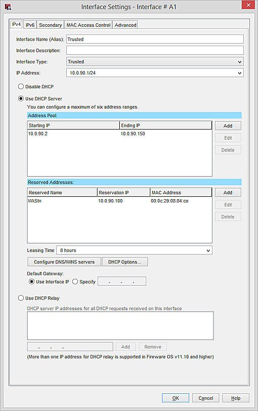 Screen shot of the DHCP Server interface settings