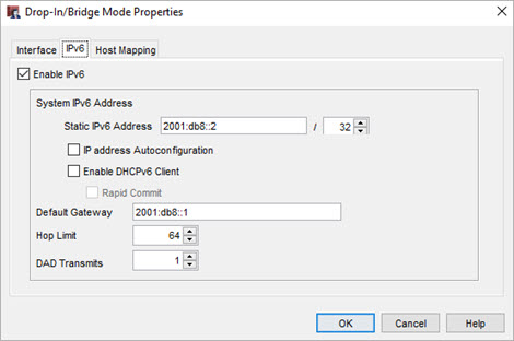 Screen shot of the Drop-In/Bridge Mode Properties window for IPv6