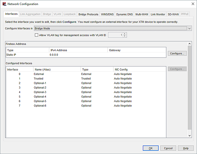 Screen shot of the Network Configuration dialog box, Transparent Bridge Mode
