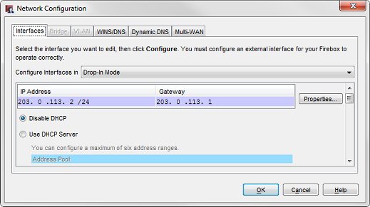 Network Configuration dialog box, showing drop-in mode