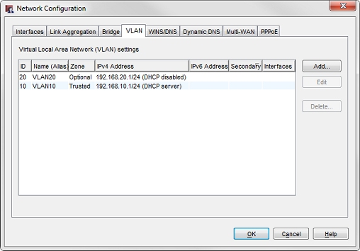 Screenshot of the Network Configuration dialog box, VLAN tab, with both completed VLAN configurations.
