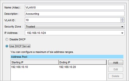 Screen shot of the Network Configuration dialog box, VLAN tab, with a completed configuration for VLAN10.