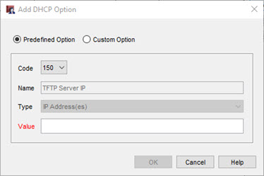 Screen shot of the Add DHCP Option dialog box for a Predefined Option