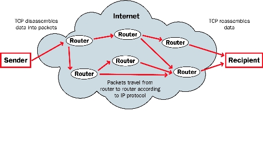 Diagram of the flow of packets through the Internet