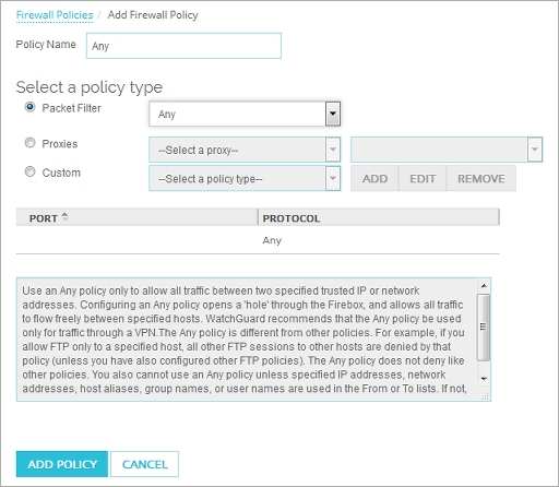 Screen shot of the Add Firewall Policy page