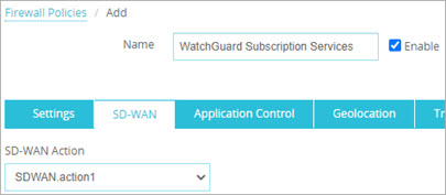 Screenshot of the Firewall Policies Add page, SD-WAN tab, where SDWAN action1 is selected in the drop-down list