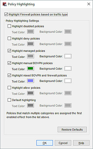 Policy Highlighting dialog box screen shot