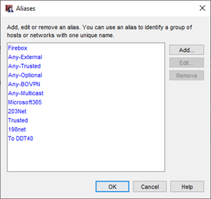 Screenshot of the Aliases dialog box.