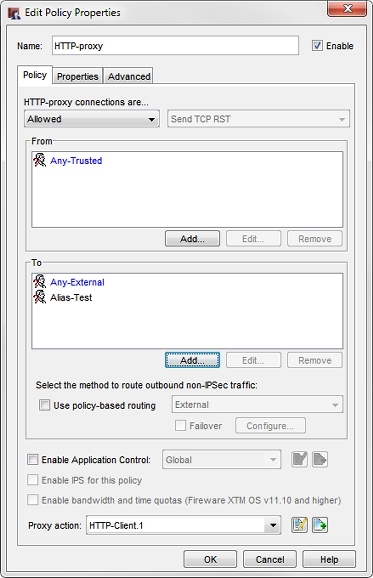 Screen shot of the Edit Polic Properties dialog box with an alias selected