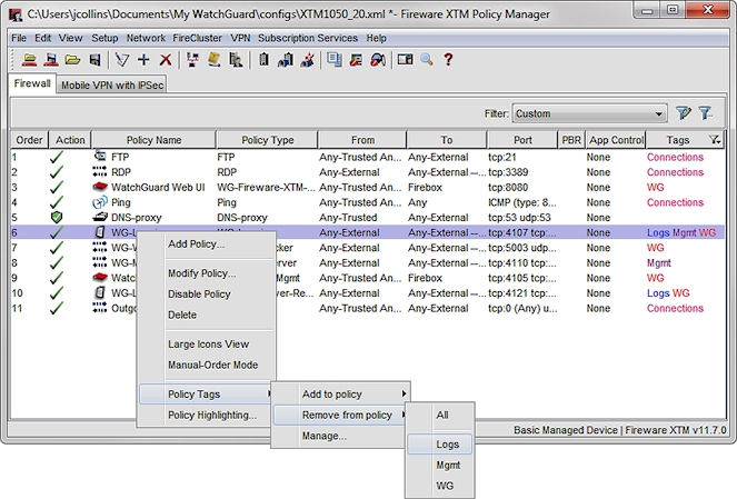 Screen shot of the Policy Tags > Remove from policy context menu