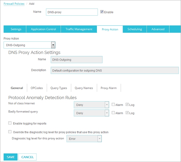 Screen shot of the Proxy Action page for the DNS- proxy in Fireware Web UI