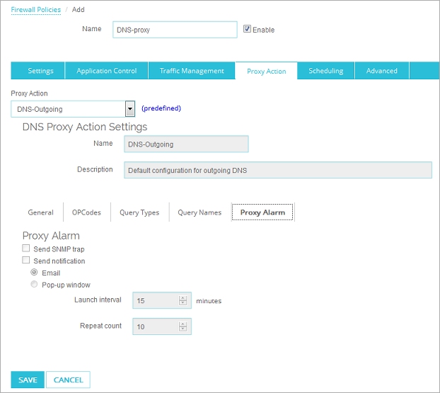 Screen shot of the Proxy Alarm settings in Fireware Web UI
