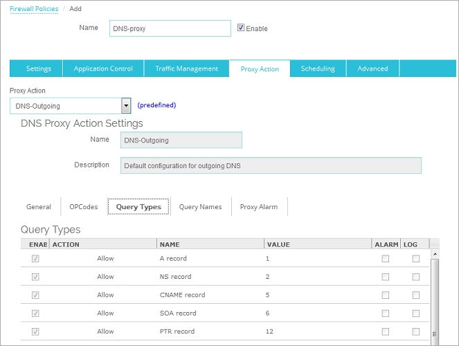 Screen shot of the Query Types settings in Fireware Web UI