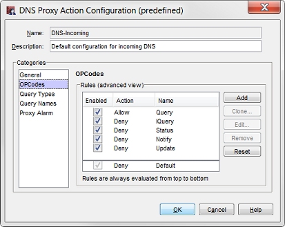 Screen shot of the DNS Proxy Action Configuration dialog box, OPCodes page