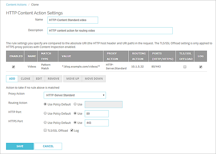 Screen shot of the HTTP Content Action Settings page for this example