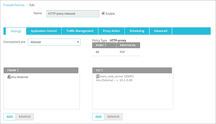 Screen shot of an HTTP Proxy policy, Settings tab with an SNAT action configured