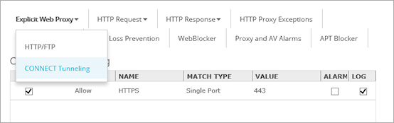 Screen shot of the Proxy Action setting, Explicit Web Proxy tab > CONNECT Tunneling option