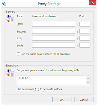 Internet Explorer LAN settings - Advanced Proxy Settings