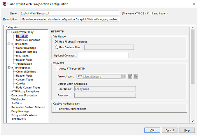 Screen shot of the Clone Proxy Action dialog box for the Explicit-proxy proxy action 