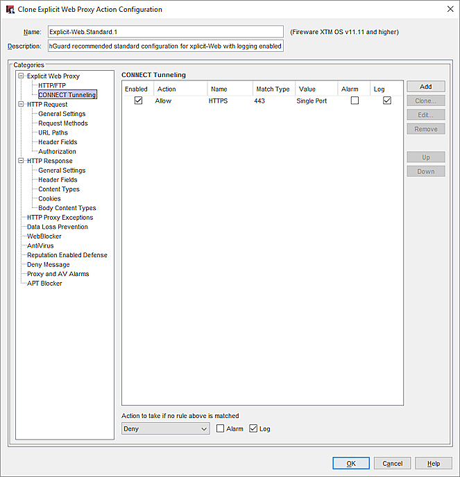 Screen shot of the Clone Explicit Web Proxy Action Configuration dialog box with the CONNECT Tunneling category settings