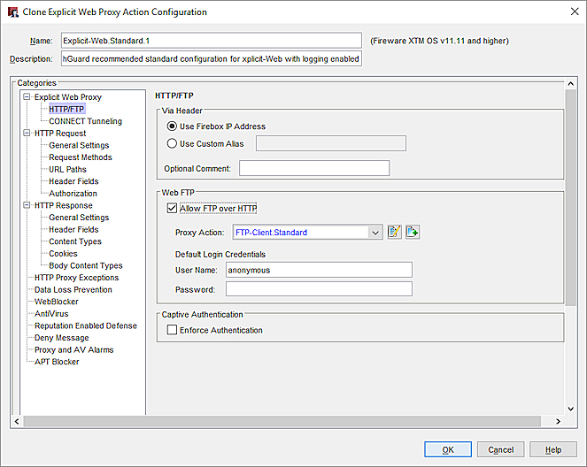 Screen shot of the Clone Explicit Proxy Action Configuration dialog box,  HTTP/FTP category settings
