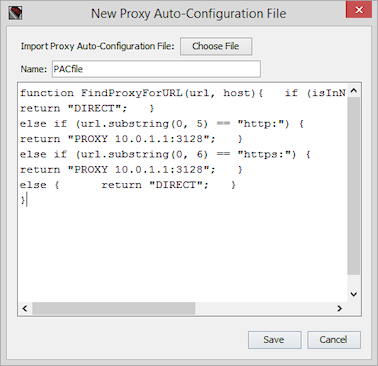 Screen shot of the New Proxy Auto-Configuration File dialog box