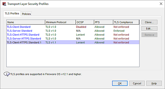 Screen shot of the Transport Layer Security Profiles dialog box in Policy Manager