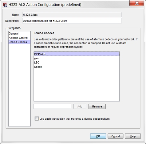 Screen shot of the H.323-ALG Action Configuration dialog box, Denied Codecs page