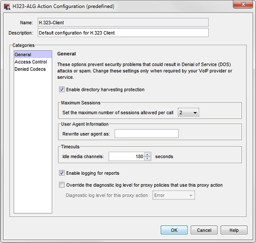 Screen shot of the H323 ALG Action Configuration dialog box — General page