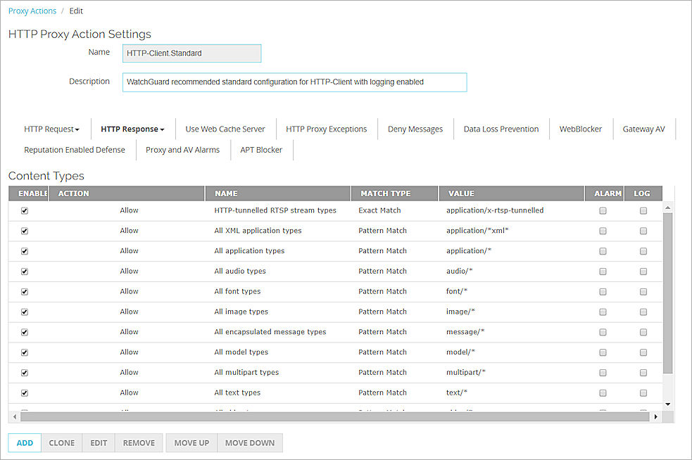 Screen shot of the HTTP-Client Edit Proxy Action page, HTTP Response Content Types settings