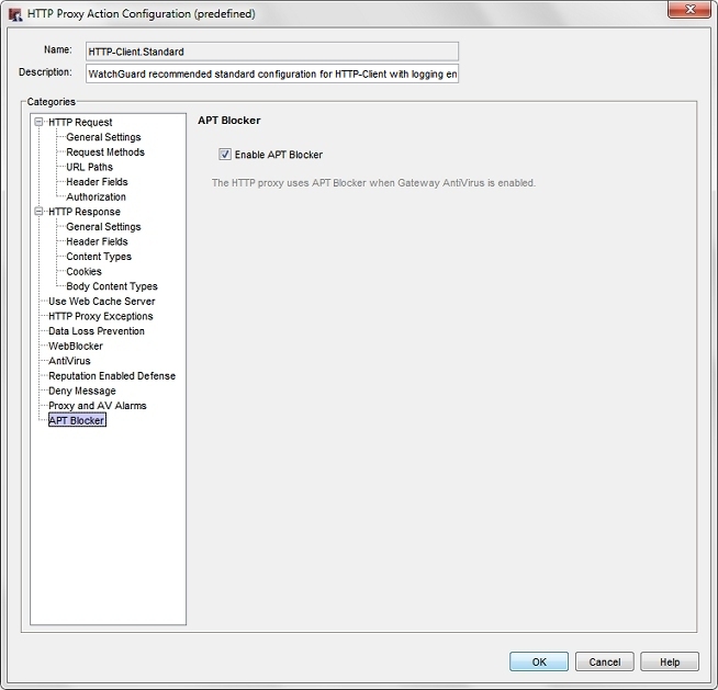 Screen shot of the HTTP Proxy Action Configuration dialog box, APT Blocker page