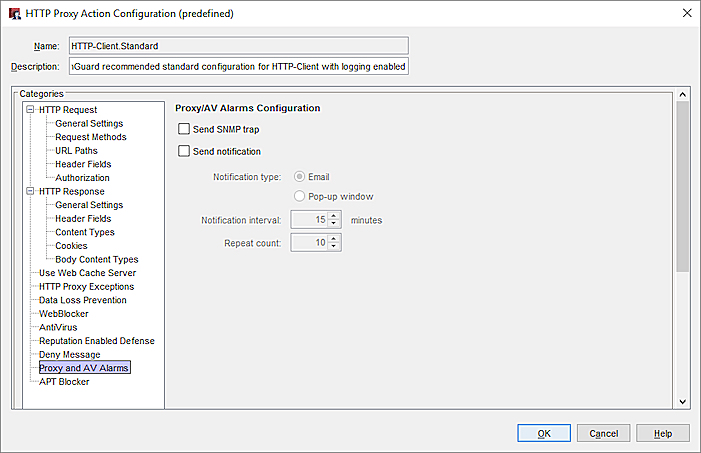 Screen shot of the Proxy and AV Alarms settings in the HTTP-Proxy in Policy Manager