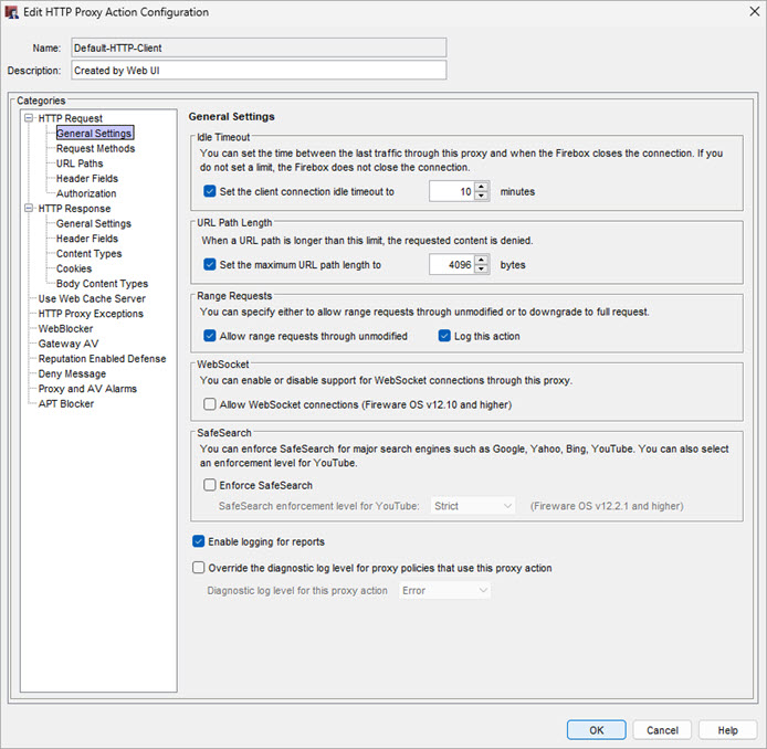 Screen shot of the HTTP Proxy Action Configuration dialog box, HTTP Request General Settings page