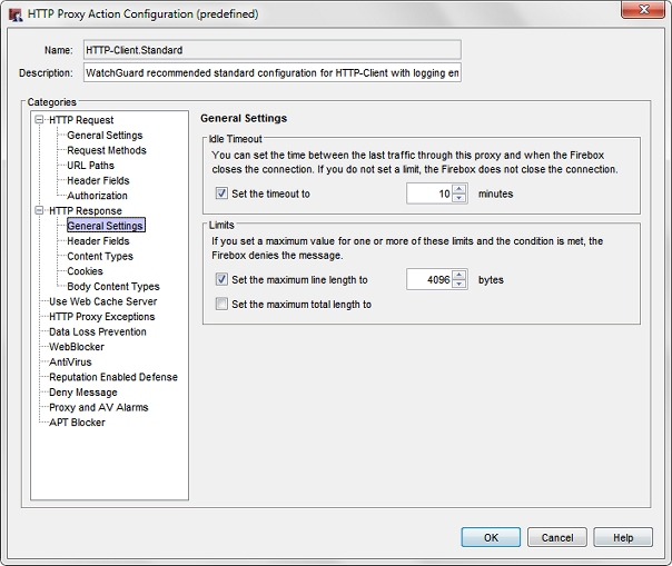 Screen shot of the HTTP Proxy Action Configuration dialog box, HTTP Response General Settings page
