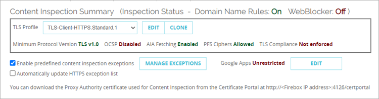 Screen shot of the Content Inspection Summary with Domain Name Rules On