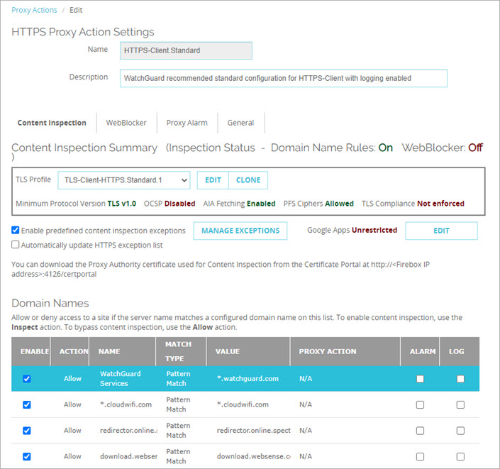 Screenshot of HTTPS Proxy Action Settings in Web UI