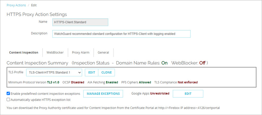 Screenshot of the HTTPS proxy action settings, Content Inspection tab in Fireware Web UI
