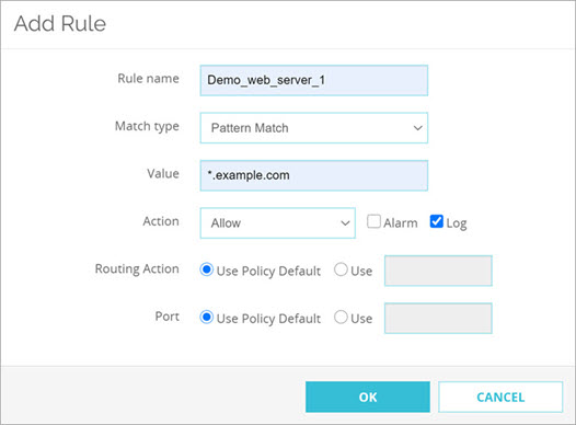 Screen shot of the Add Rule dialog box for a domain name rule in an HTTPS server proxy action in Fireware Web UI
