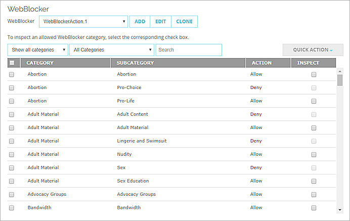 Screen shot of WebBlocker settings with Content Inspection enabled in Fireware Web UI