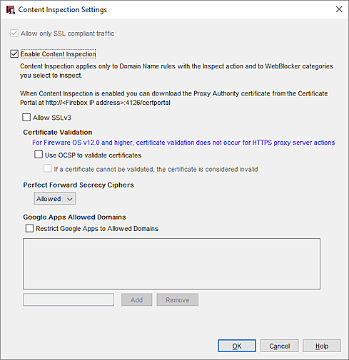 Screen shot of the Content Inspection Settings dialog box in Policy Manager