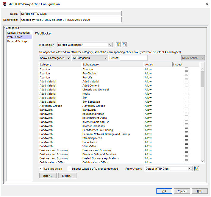 Screen shot of the HTTPS Proxy Action Configuration, WebBlocker category settings  in Policy Manager