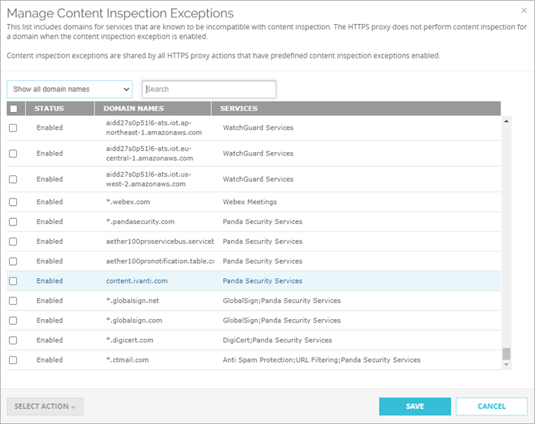 Screenshot of the HTTPS Manage Content Inspection Exceptions dialog box in Fireware Web UI