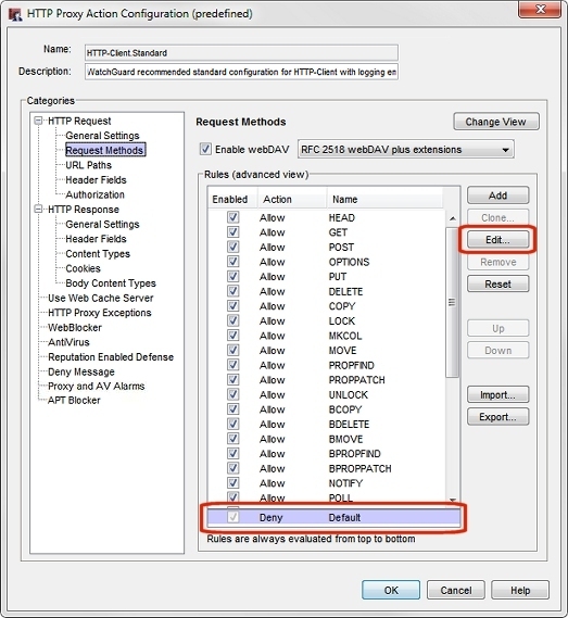 Commands section of the Edit Default Rule dialog box