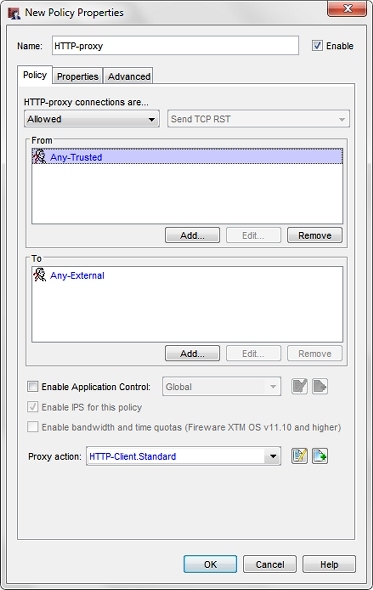 Screenshot of the New Policy Properties dialog box for the HTTP-proxy