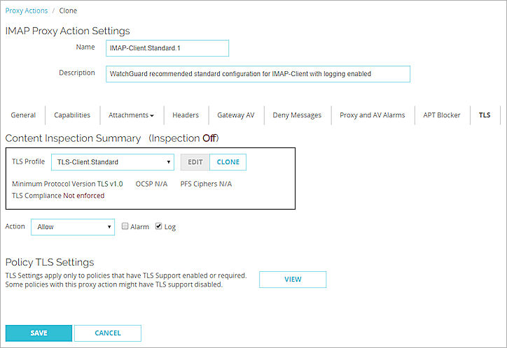 Screen shot of the TLS settings for an IMAP proxy action in Fireware Web UI
