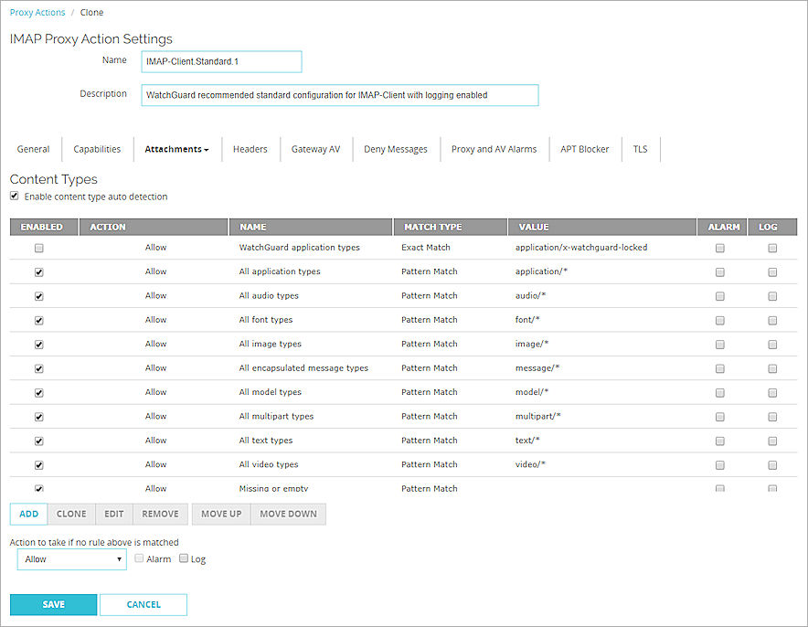 Screen shot of the Content Types settings for an IMAP proxy in Fireware Web UI