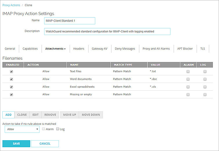 Screen shot of the Filenames settings for an IMAP proxy in Fireware Web UI