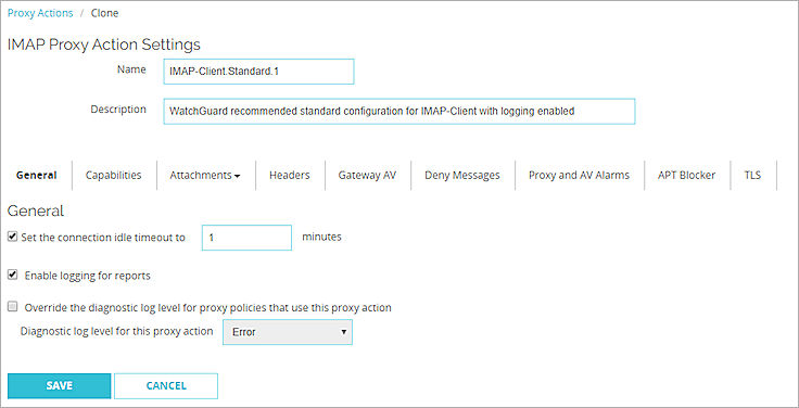 Screen shot of the General Settings for an IMAP proxy action in Fireware Web UI